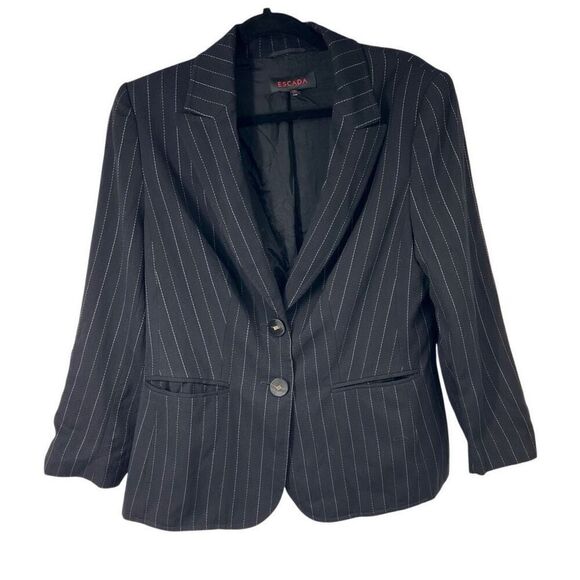 Escada Black Pinstriped Two Button Closure Blazer 42 12 L - Picture 1 of 13